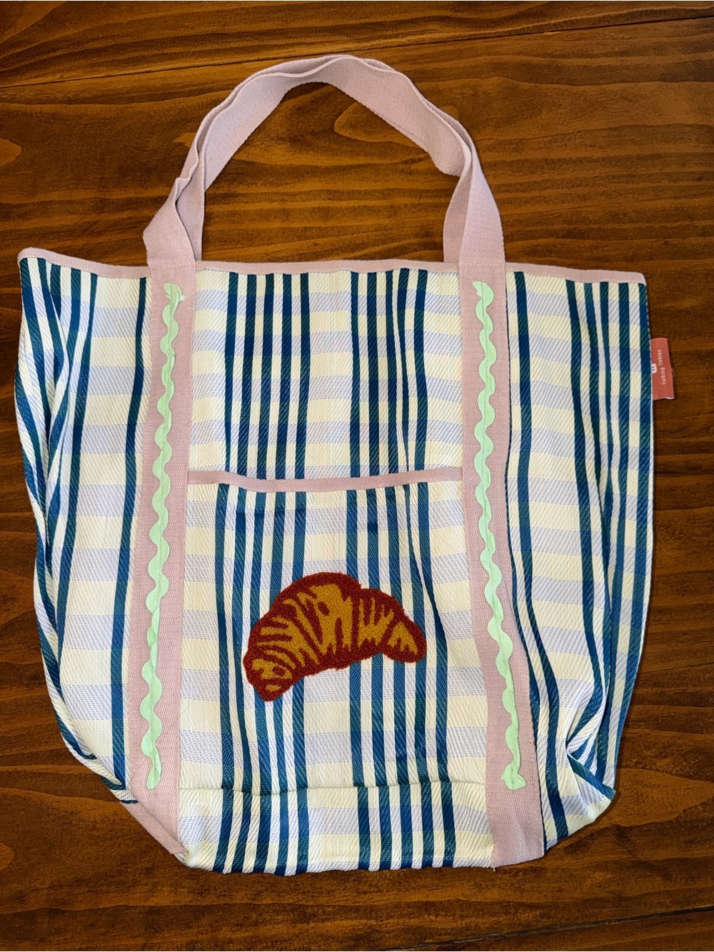Talking Tables Striped Blue & White Tote with Pink Handles and Croissant Accent
